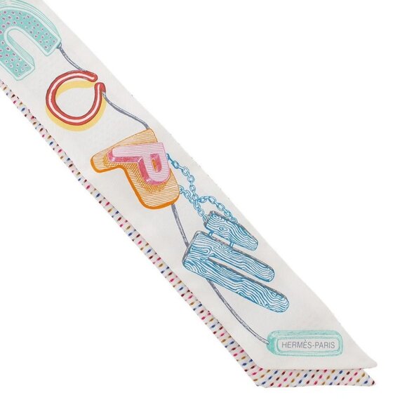 HERMES Twilly Chevaloscope Pointier Silk100% White/Rose/Vert - Picture 5 of 14